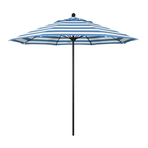 California Umbrella 9 ft. Black Aluminum Commercial Market Patio Umbrella with Fiberglass Ribs and Push Lift in Cabana Regatta Sunbrella
