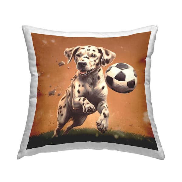 Stupell Industries Dog Playing Soccer Orange Print Polyester 18 in. x 18 in. Throw Pillow