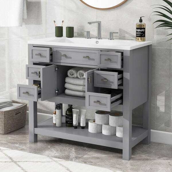 35.2 in. W x 18 in. D x 34.1 in. H Freestanding Bath Vanity in Grey with White Ceramic Top Single Basin Sink