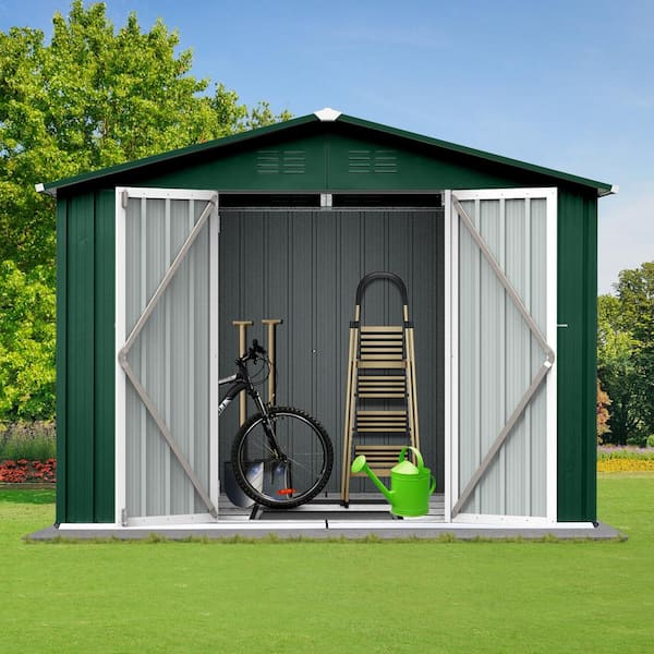 Unbranded 8.25 ft. W x 5.91 ft. D Metal Garden Sheds Outdoor Storage Sheds for Bike Backyard Garden Patio Green + White 48 sq. ft.