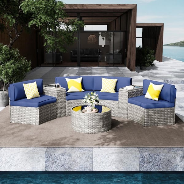 7 Piece Wicker Patio Furniture Sectional Half-Moon Curved Outdoor Sofa Set with Round Coffee Table with Navy Cushions