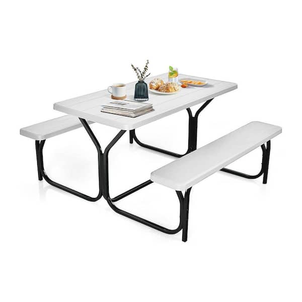 Plastic Picnic Table Bench Set with Steel Frame Wood-Like Texture Portable All Weather Heavy Duty White