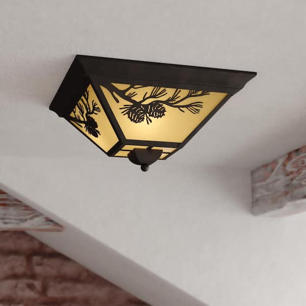 VAXCEL Douglas 3-Light Warm Bronze Rustic Outdoor Flush Mount Ceiling Light Pine Cone Motif Amber Glass