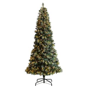 9 ft. Frosted Tip Pine Artificial Christmas Tree with Clear Lights, Pine Cones and Bendable Branches