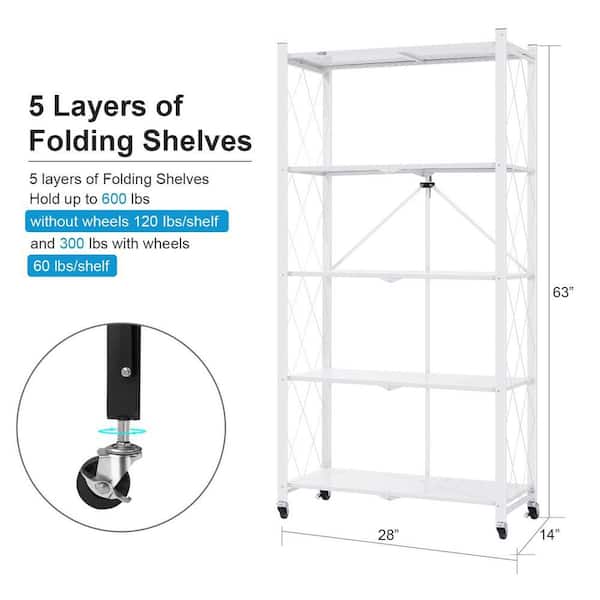 Bunpeony 5-Tier White Foldable Metal Rack Storage Shelving Unit