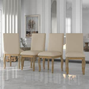 Natural Wood Wash Fabric Upholstered Dining Chairs with Curved Legs and Nailhead Trim (Set of 4)