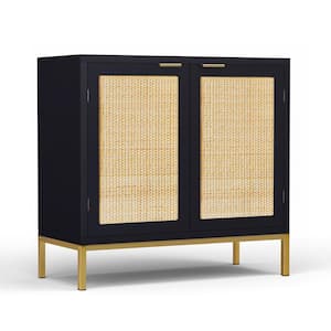 Black Accent Storage Cabinet with 2 Rattan Doors Mid Century Sideboard Furniture for Living Room Bedroom