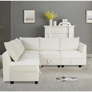 138.59 in Modern 5-Piece Upholstered Sectional Sofa Bed - White Down Linen - Sofa Couch for Living Room/Office