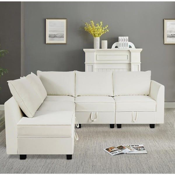 MAYKOOSH Contemporary 5-Piece Upholstered Sectional Sofa Bed - White Down Linen