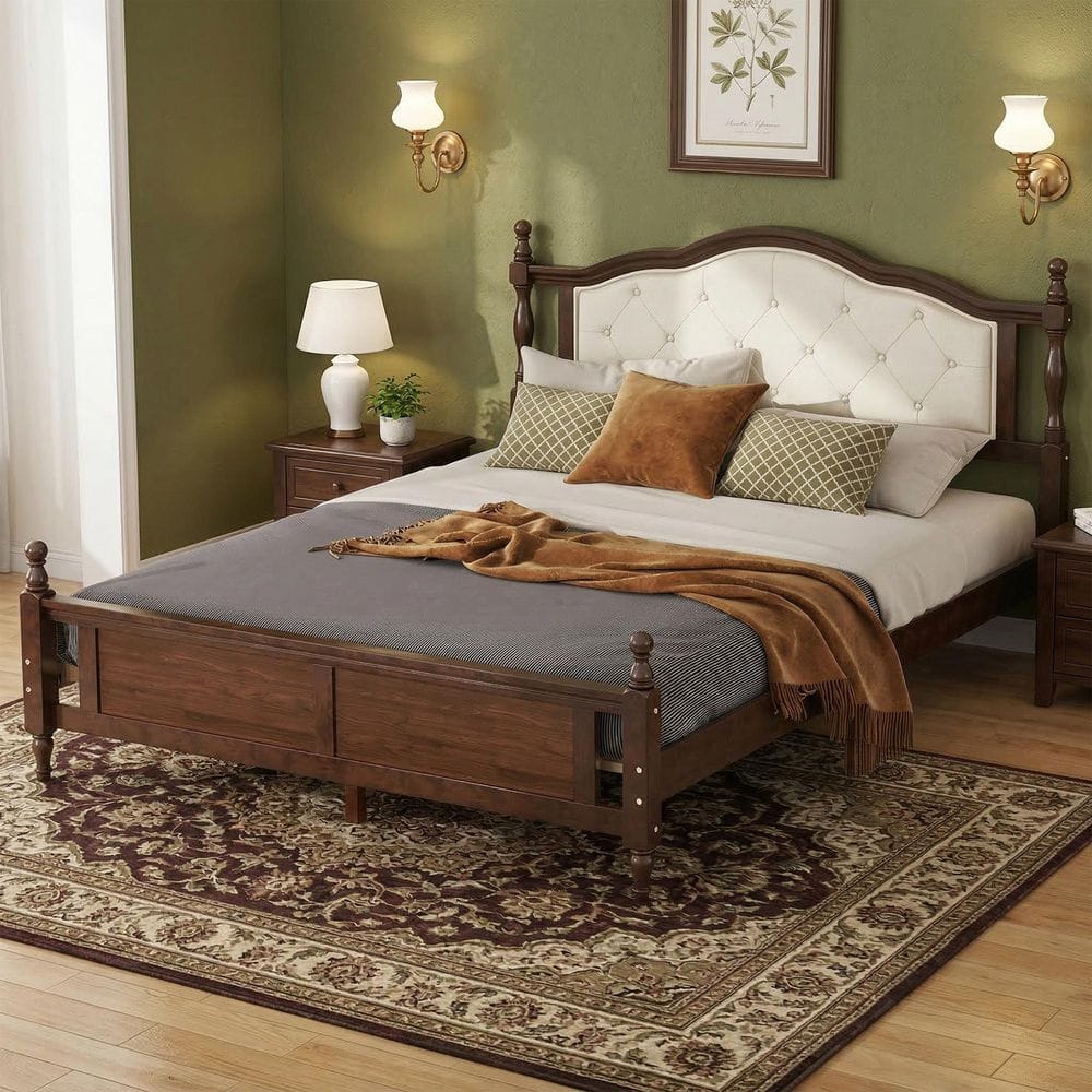 Bed Frame Brown Solid Wood Frame Queen Platform Bed Tufted Upholstered Headboard, Turned Posts, No Box Spring Needed