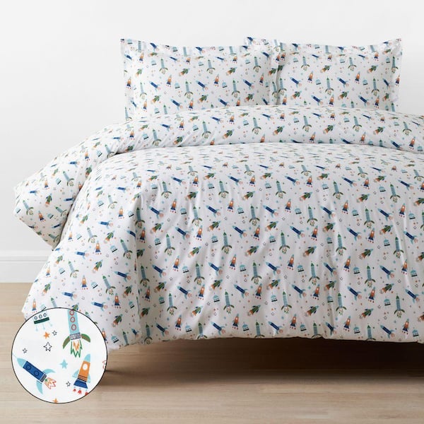 Company Kids White Multi Space Adventure Organic Cotton Percale Queen Duvet Cover Set