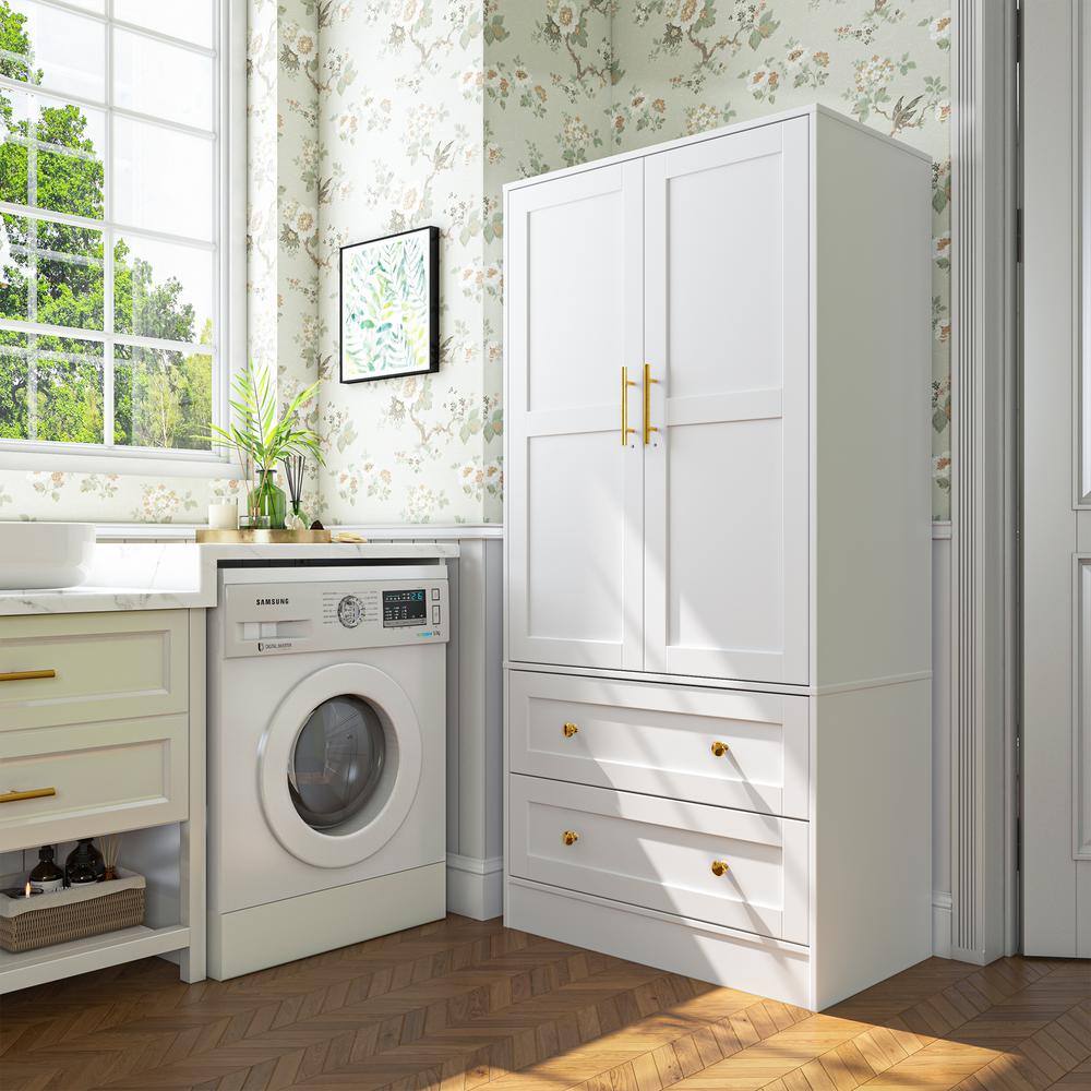 White Shaker Style Two-Door Armoire with Gold Handles