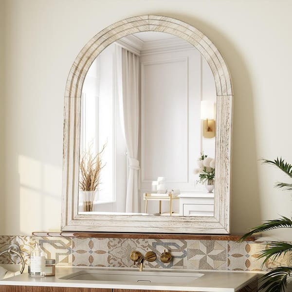 30 in. W x 40 in. H Large Arched Wooden Pale Taupe Framed Wall Vanity Mirror Bathroom Mirror