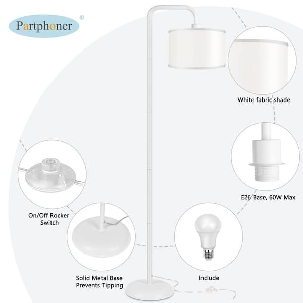 64.1 in. White Paint Modern Stand Lamp, 1 Bulb 3 Color Temp Arc Floor Lamp for Living Room with Fabric Shade Footswitch