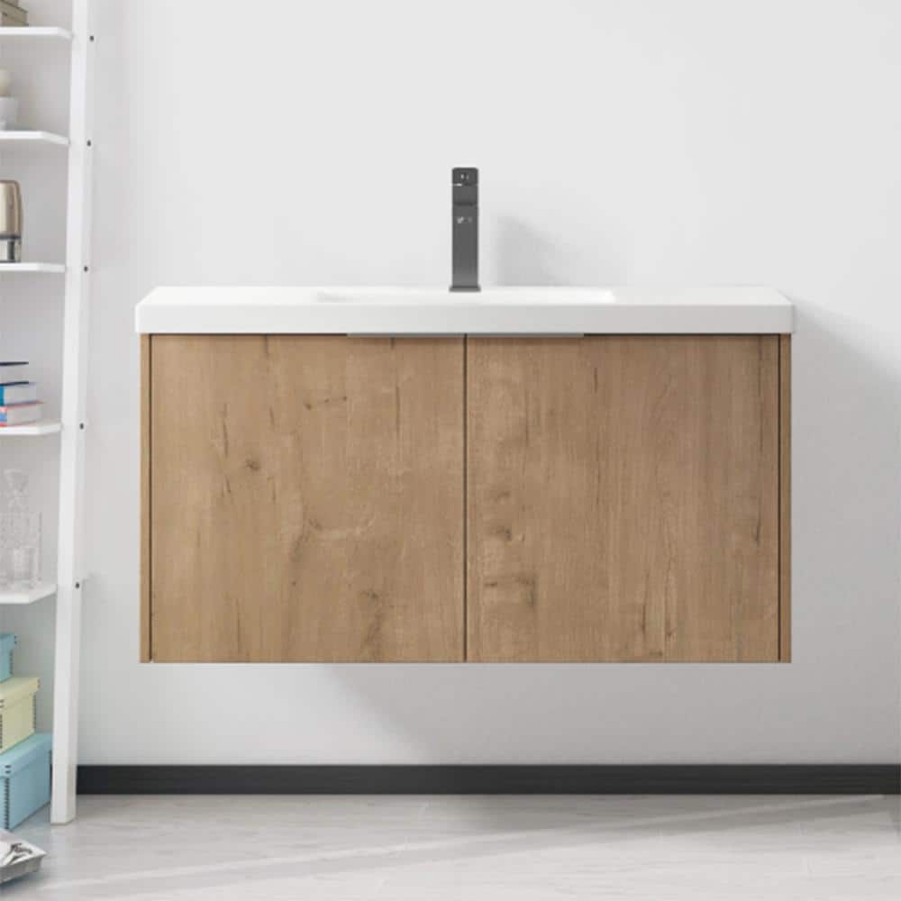 Sugur 36 in. W x 18. in D. x 20 in. H Wall Mount Bath Vanity Cabinet with Sink in Oak with White Resin Sink and Top price history on PriceWatchPro