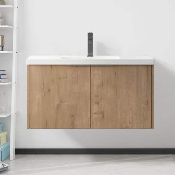 MYCASS Sugur 36 in. W x 18. in D. x 20 in. H Wall Mount Bath Vanity Cabinet with Sink in Oak with White Resin Sink and Top