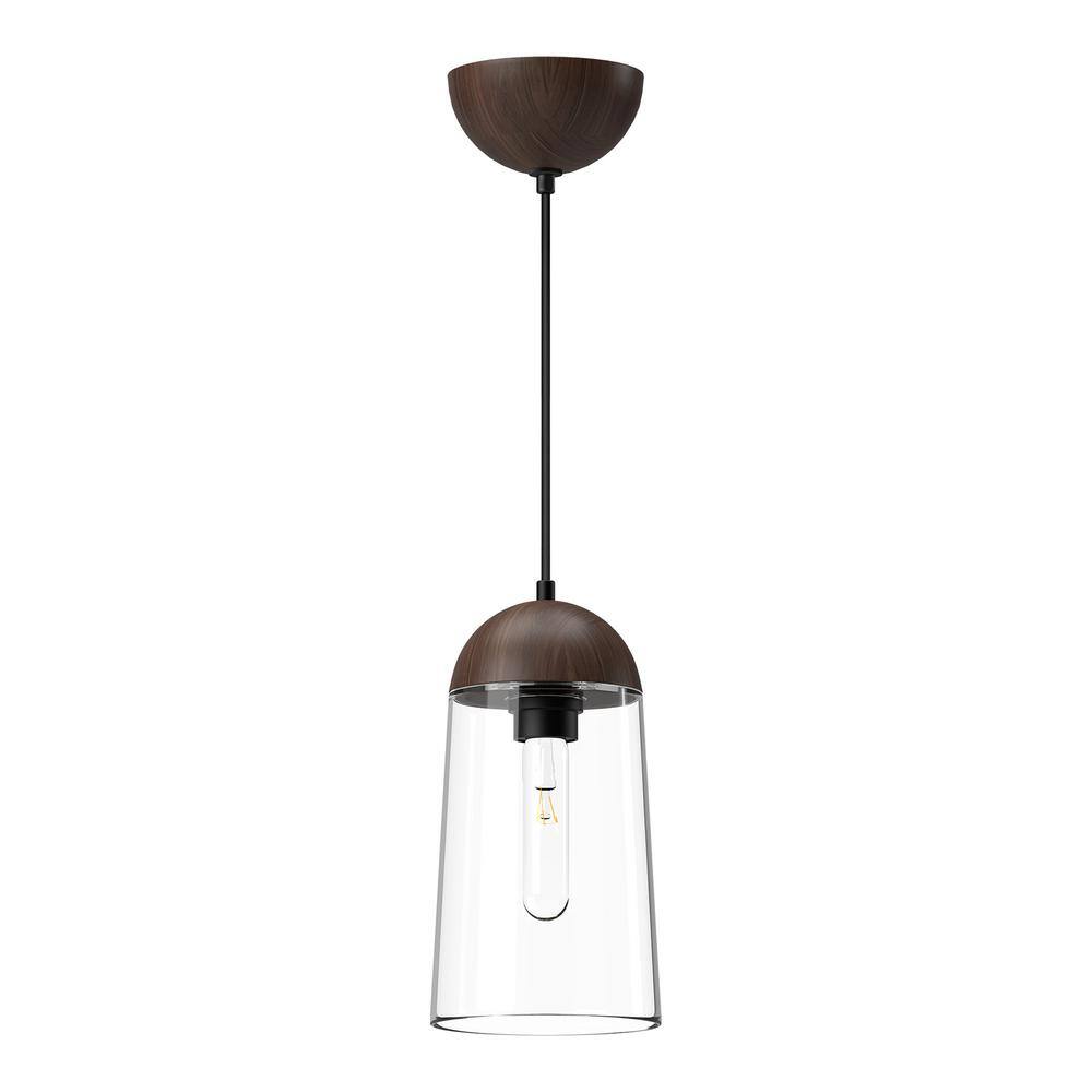 Walnut and Matte Black Single Light Clear Glass Pendant