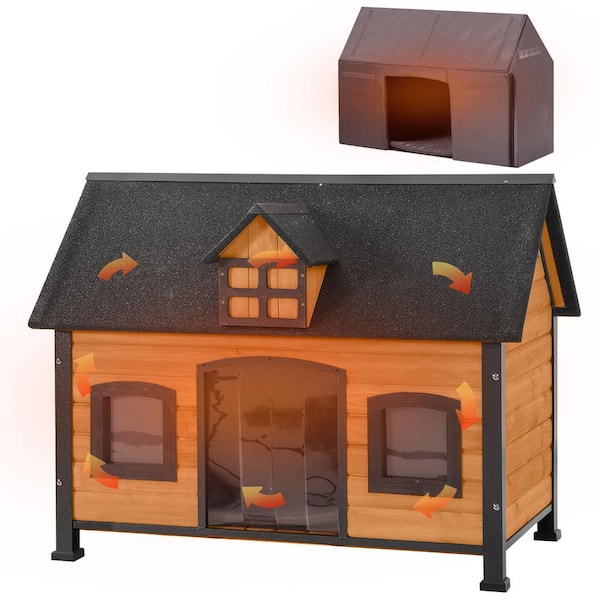 aivituvin Outdoor Insulated Wooden Dog House with Soft Liner Iron Frame