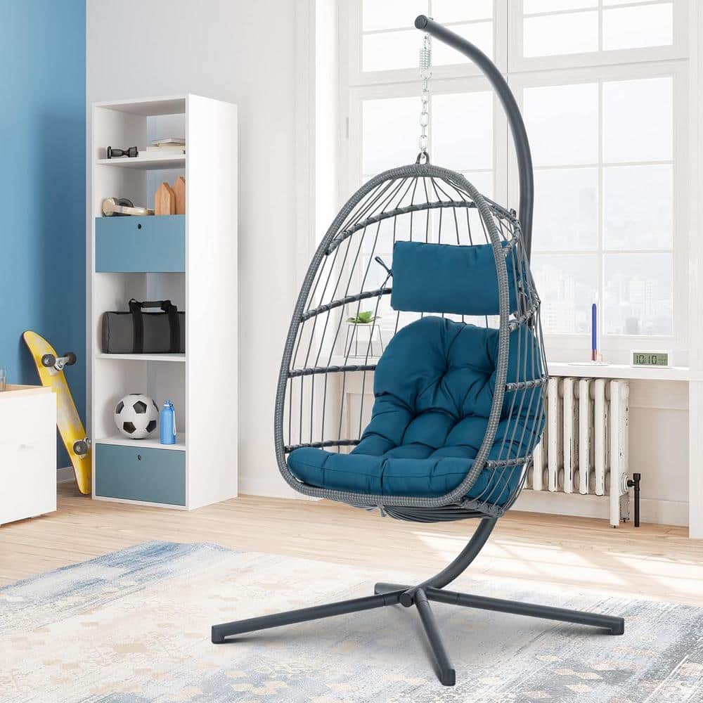 78 in. Wicker Aluminum Indoor Outdoor Patio Swing Hanging Egg Chair, Blue Cushion