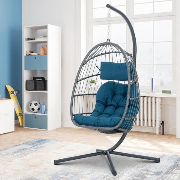 AUTMOON 78 in. Wicker Aluminum Indoor Outdoor Patio Swing Hanging Egg Chair, Blue Cushion