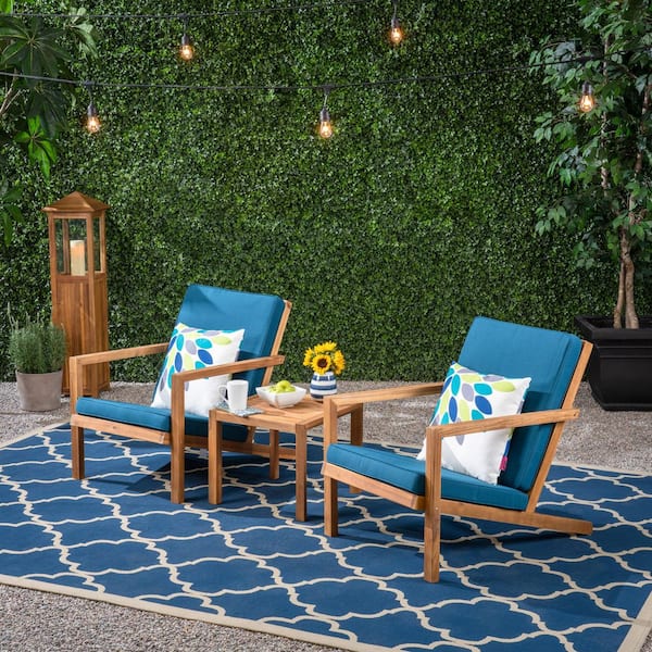 3-Piece Brown Acacia Wood Adirondack Outdoor Lounge Chair with Blue ...