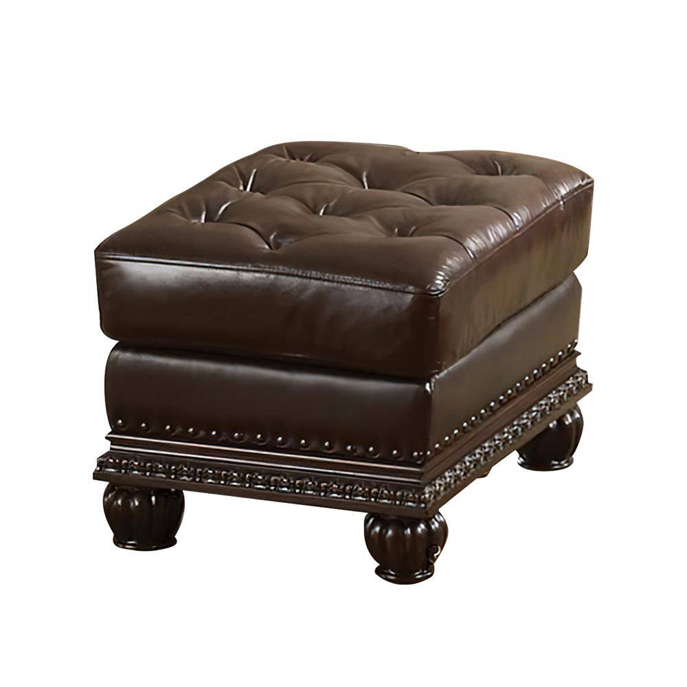 Espresso Brown Faux Leather Tufted Ottoman with Nailhead Trim