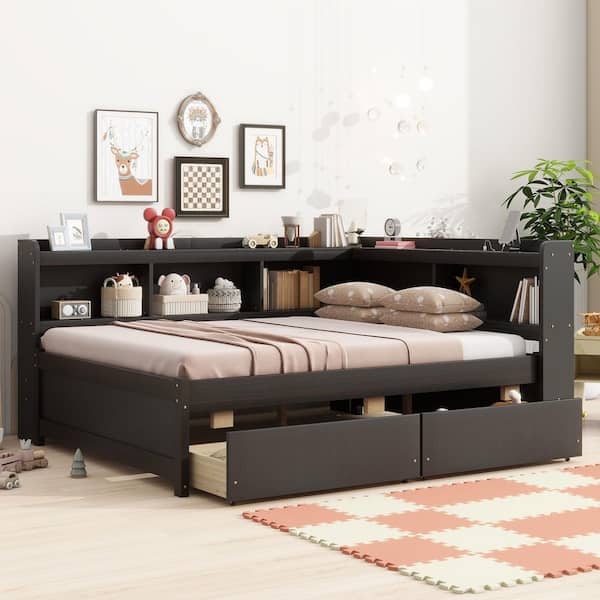 Espresso Full Size Daybed with 2 Drawers, Power Outlets, USB Charging Ports and Bookcases