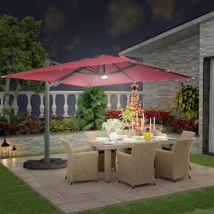10 ft. Square Aluminum Cantilever Tilt Outdoor Patio Umbrella with LED light, Cross Base Stand in Red for Balcony