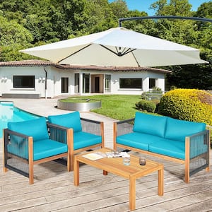 4-Piece Wood Patio Conversation Set Padded Chair with Coffee Table and Turquoise Cushions