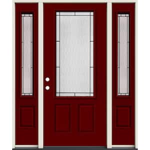 60 in. x 80 in. Right-Hand 3/4 Lite Wendover Decorative Glass Mesa Red Steel Prehung Front Door with Sidelites