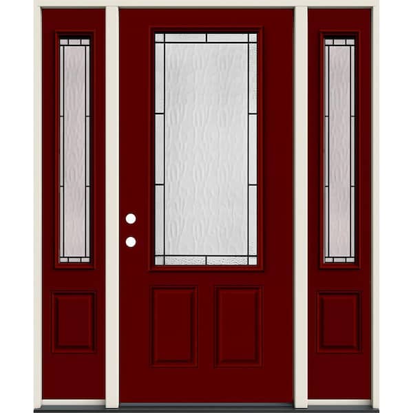 JELD-WEN 60 in. x 80 in. Right-Hand 3/4 Lite Wendover Decorative Glass Mesa Red Steel Prehung Front Door with Sidelites