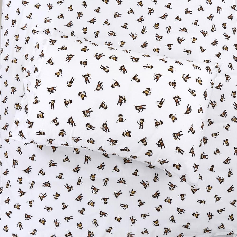 Monkey Print White Cotton Toddler Sheet Set, 3-Piece