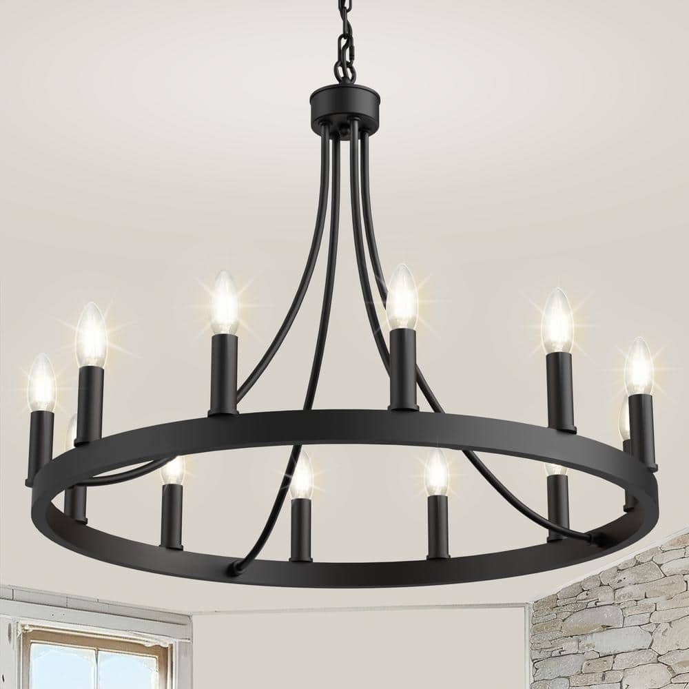 YANSUN 2 in. Farmhouse Chandeliers Over Table, 12-Light Round Rustic Industrial Black Chandelier ...