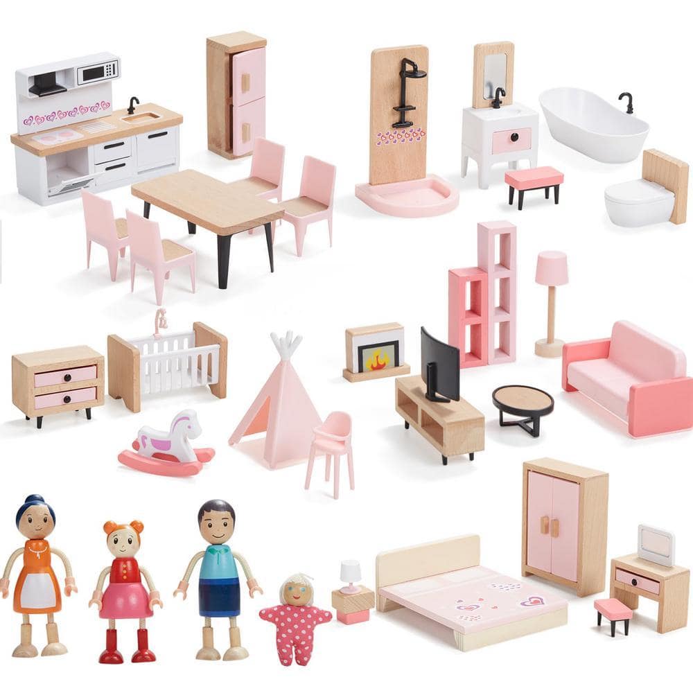 Angel Sar 36-Piece Wooden Dollhouse Furniture Set with 4 Family