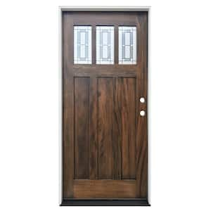 36in. x 80in. Espresso Left-Hand Inswing 3-Lite Decorative Glass Mahogany Prehung Front Door w/ 6-9/16in. Jamb -FSC 100%