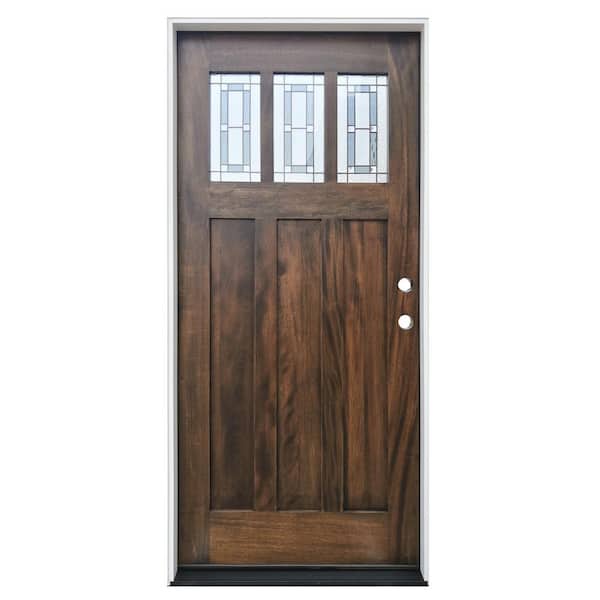 Pacific Entries 36in. x 80in. Espresso Left-Hand Inswing 3-Lite Decorative Glass Mahogany Prehung Front Door w/ 6-9/16in. Jamb -FSC 100%