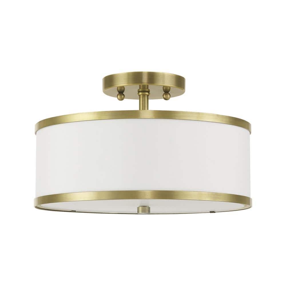 Antique Brass and Off-White Fabric Semi-Flush Mount Light