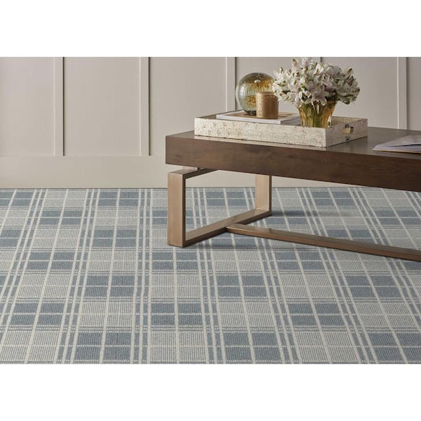 Checkerboard Ivory/Coast Blue 12 ft. 27 oz. Wool Pattern Carpet - Installation Required