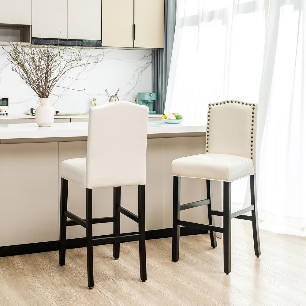 Set of 2 Cream White Leatherette Studded Barstools with Wood Legs