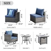 Messi Grey 8-Piece Wicker Outdoor Patio Fire Pit Conversation Sofa Set with Swivel Chairs and Denim Blue Cushions