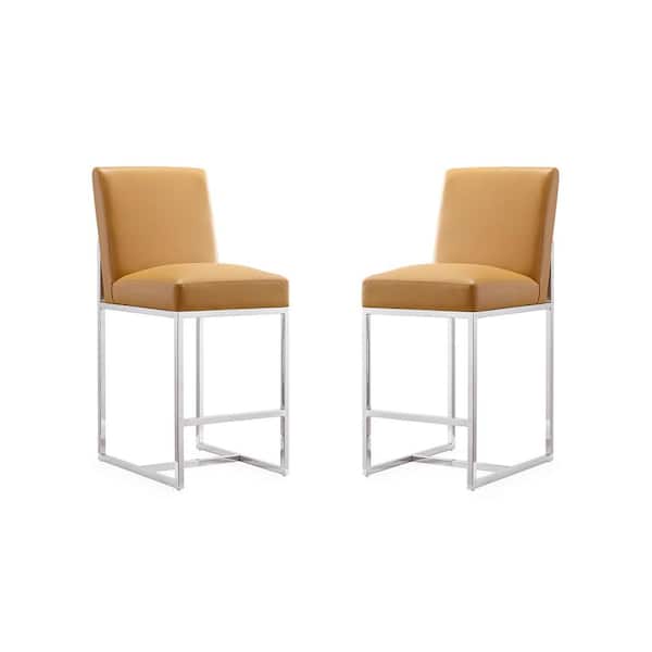 Manhattan Comfort Element 24.8 in. Camel and Polished Chrome Metal Counter Stool with Faux Leather Upholstered Seat (Set of 2)