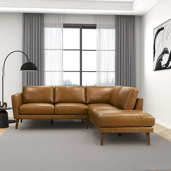 Ashcroft Furniture Co Bellatrix 97.4 in. Square Arm 2-piece Genuine Leather L-Shaped Right Facing Corner Sectional Sofa in Tan