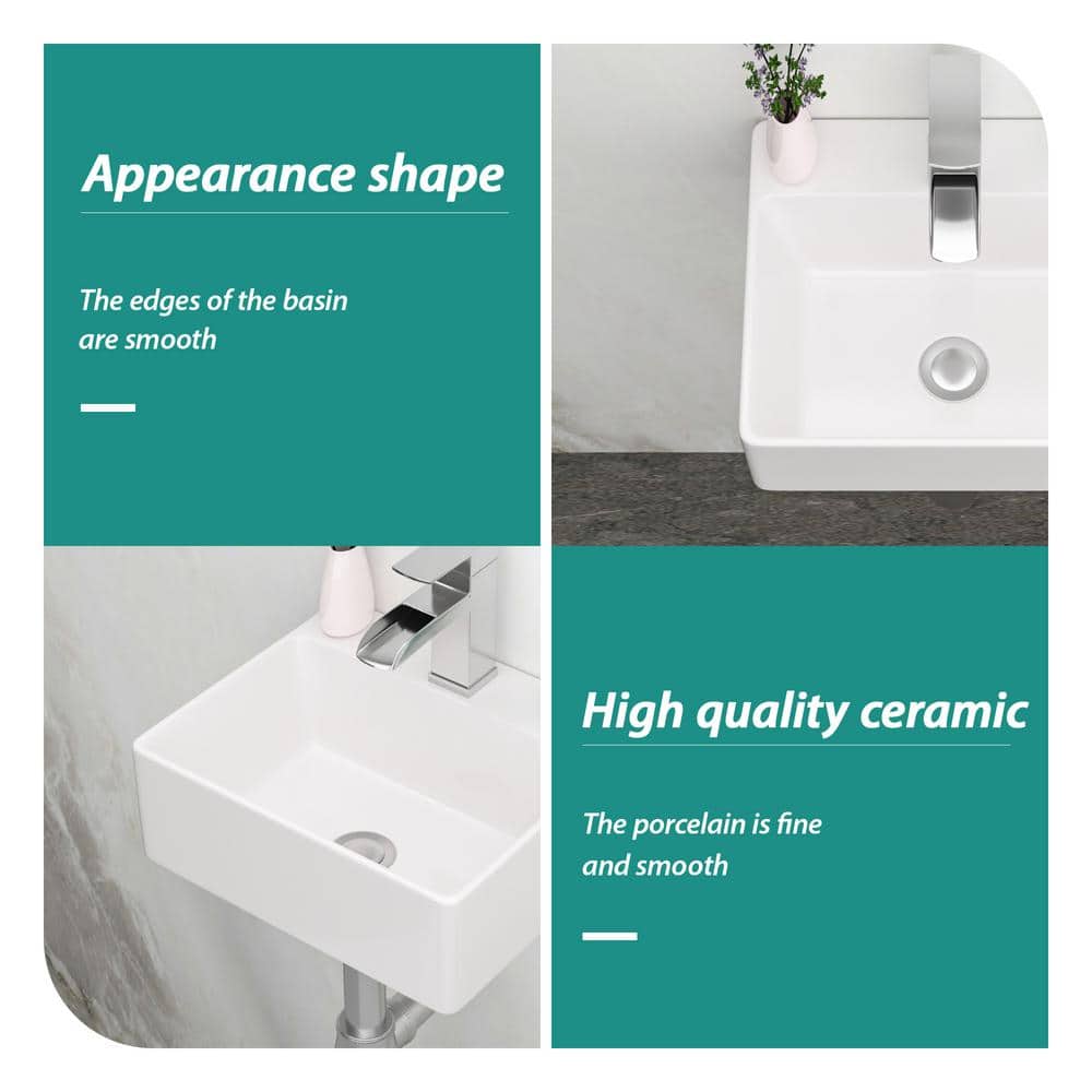 White Ceramic Rectangular Wall-Mount Bathroom Sink