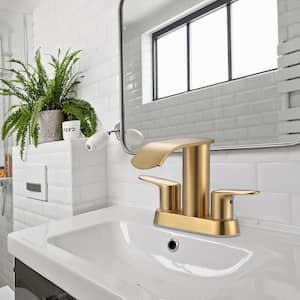 4 in. Centerset Double-Handle Waterfall Bathroom Sink Faucet Stainless Steel with Pop Up Drain Kit in Gold