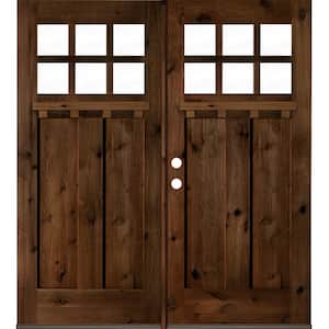 72 in. x 80 in. Craftsman Knotty Alder Wood Clear 6-Lite PR Stained/Dentil Shelf Right Active Double Prehung Front Door