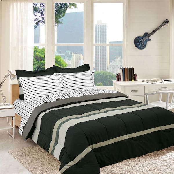 BROOKLYN FLAT Rugby Stripe 5-Piece Grey Twin size Bed in a Bag with Reversible Comforter
