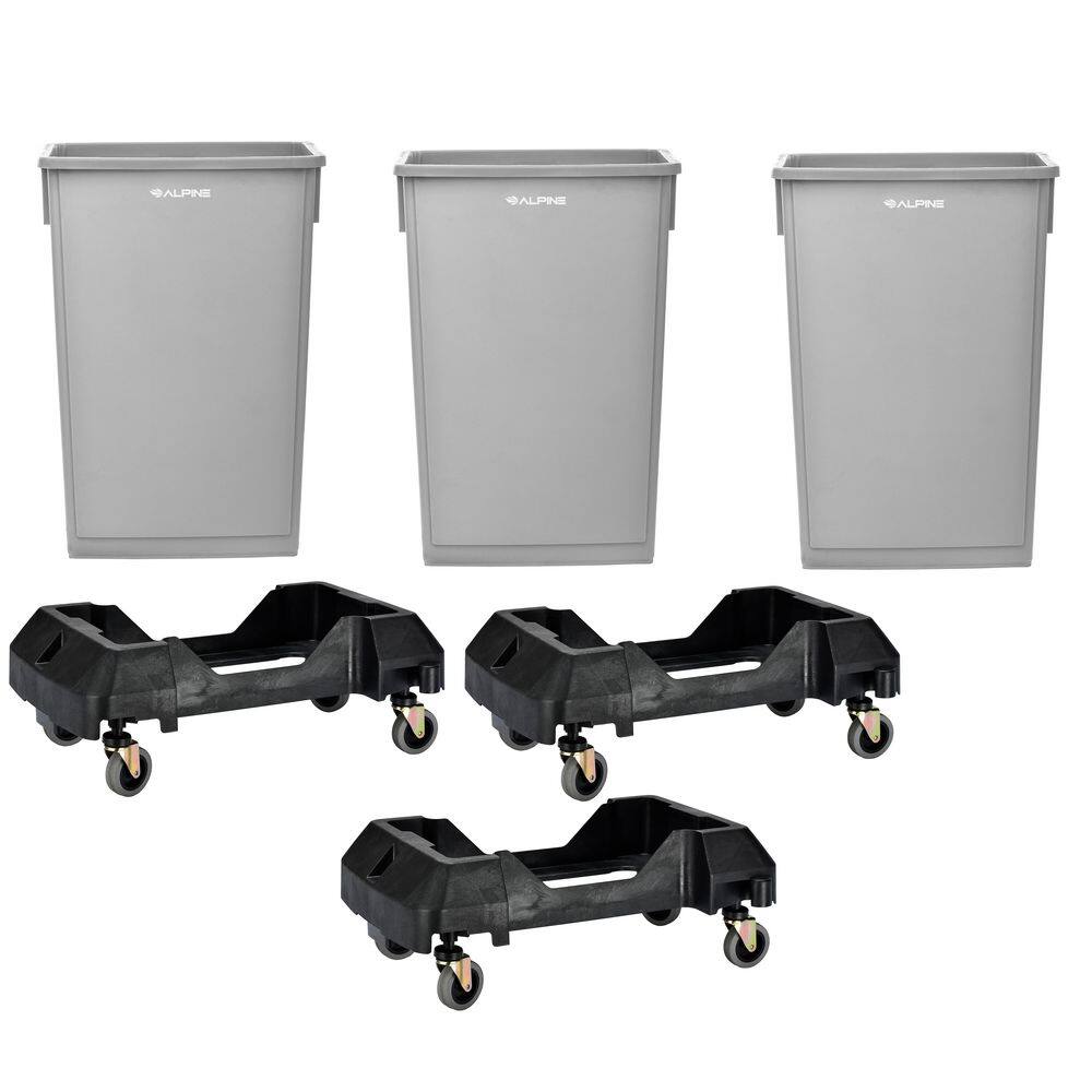 23 Gal. Gray Waste Basket Vented Commercial Trash Can and Dolly (3-Pack)