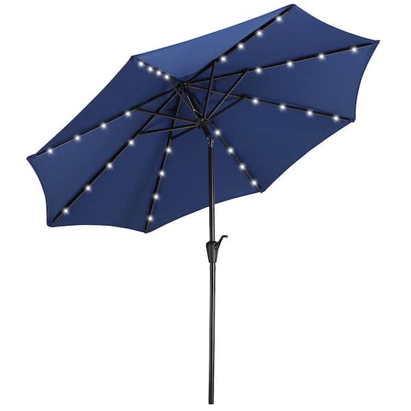 cenadinz 9 ft. Steel Pole Outdoor Market Push Button Tilt and Crank Patio Umbrella with 32 LED Solar Lights in Navy Blue