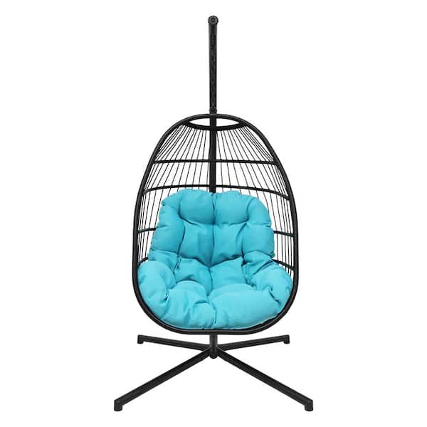 Wicker Hanging Basket Outdoor Swing Chair with Aqua Cushion and Black Stand