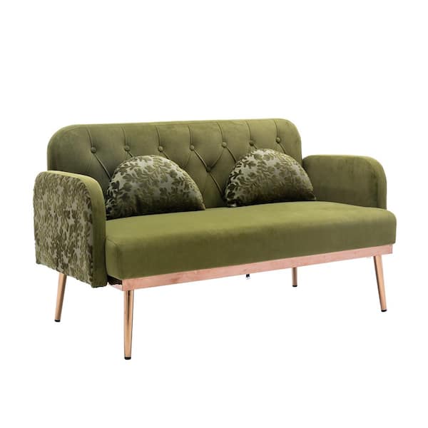 Kahomvis 55.11 in. Green Velvet Upholstered 2-Seater Loveseat with Pillows and Metal Feet